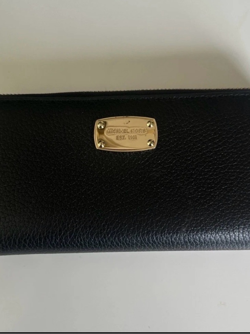 Michael Kors Black Pebbled Leather Zip Wallet with Gold Tone Zipper Pull